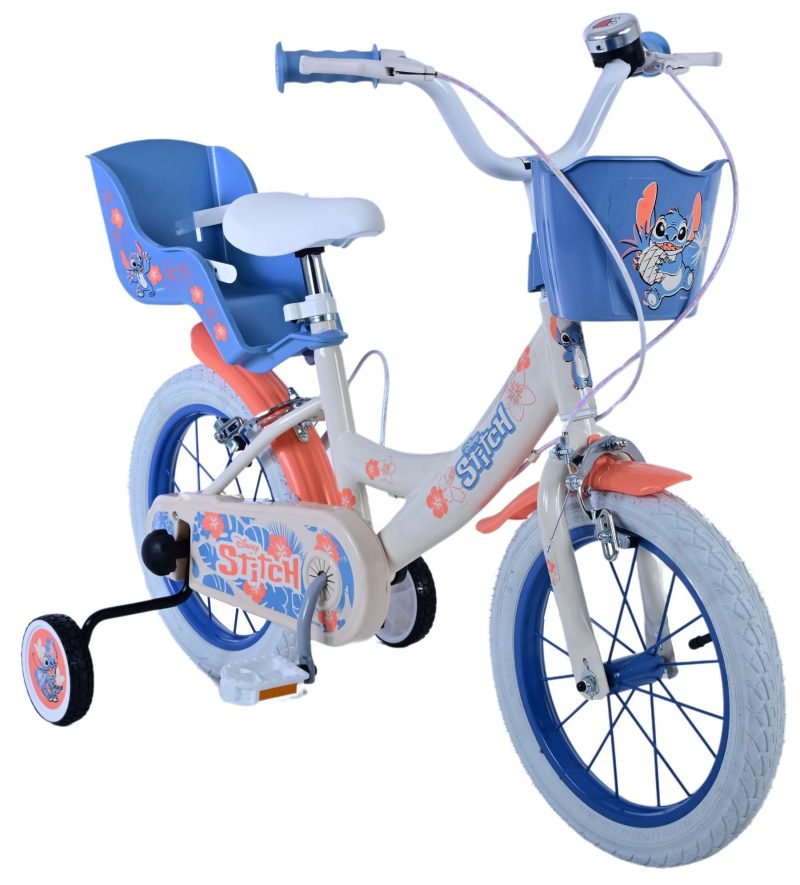 Disney Stitch Kinderfiets - Meisjes - 14 inch - Creme Koraal Blauw - Twee handremmen