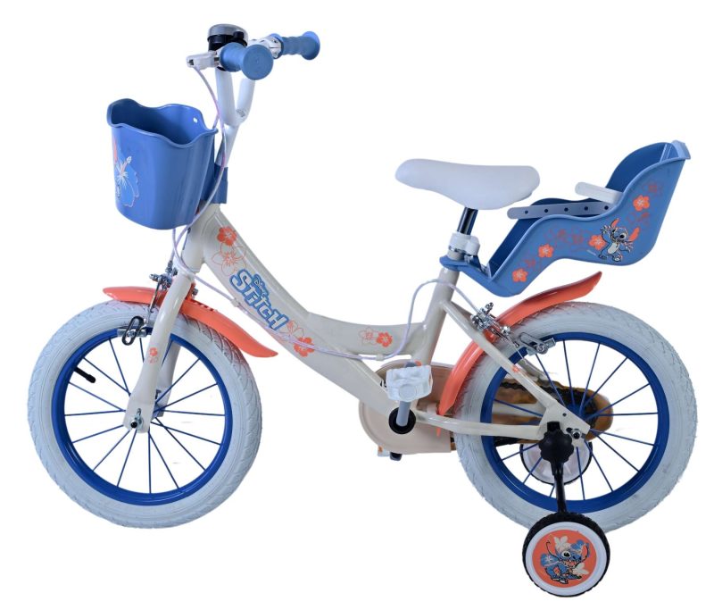Disney Stitch Kinderfiets - Meisjes - 14 inch - Creme Koraal Blauw - Twee handremmen