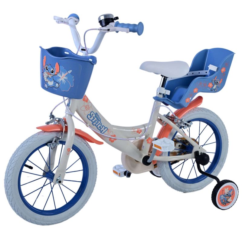 Disney Stitch Kinderfiets - Meisjes - 14 inch - Creme Koraal Blauw - Twee handremmen