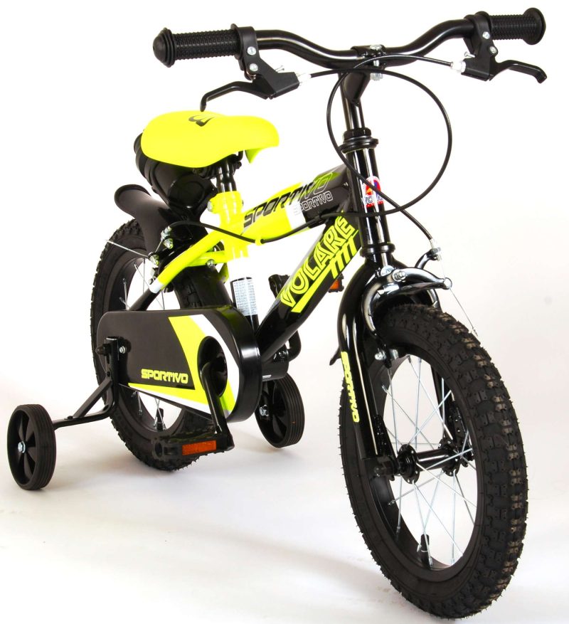 Volare Sportivo Kinderfiets - Jongens - 14 inch - Neon Geel Zwart - Twee Handremmen - 95% afgemonteerd
